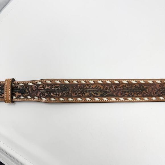 Tory Full Grain Cowhide Brown Leather Tooled Acorn Oak Leaf Laced Belt Size 30 - Picture 7 of 12